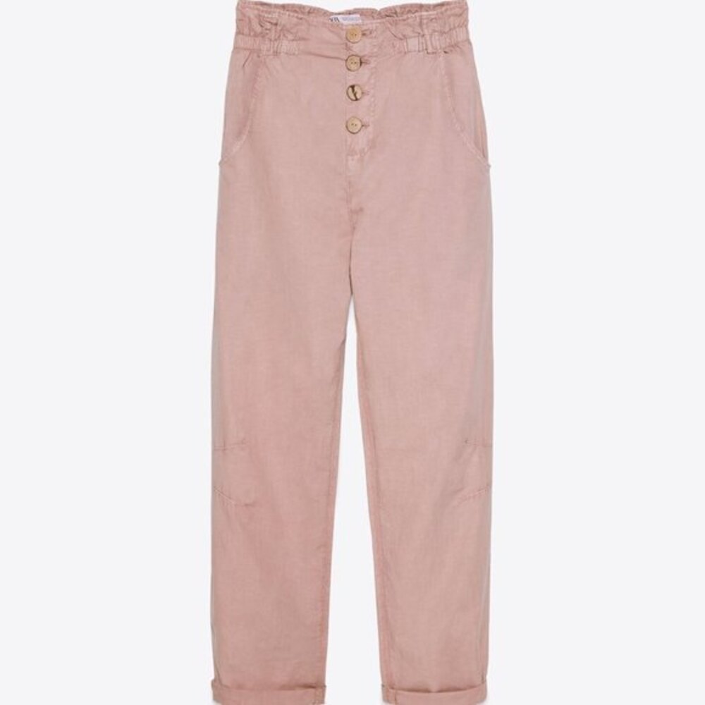Pink Zara Paperbag Elastic Waist Button Fly Relaxed Pants (NWT)